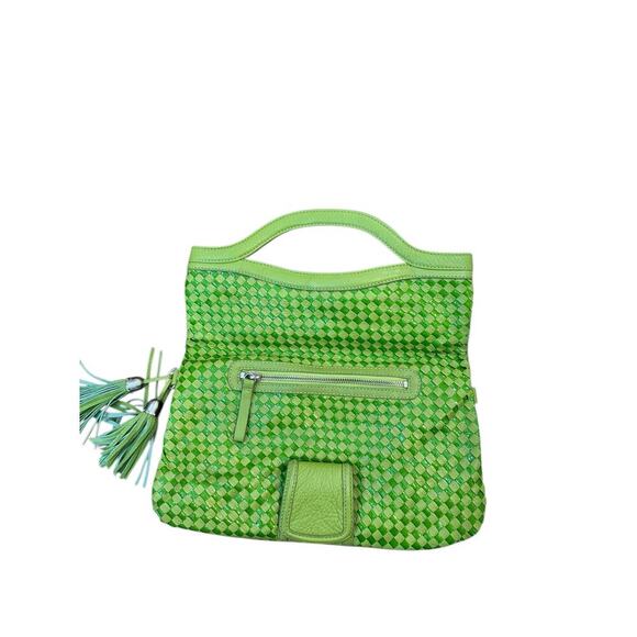 Elliott Lucca Women's Green Woven Leather Vinyl Foldover Satchel Shoulder Bag - Picture 3 of 8